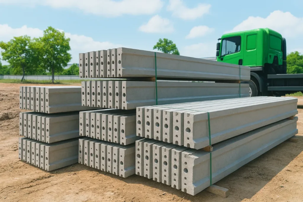 กองแผ่นรั้วคอนกรีตสำเร็จรูปบนไซต์งานก่อสร้าง