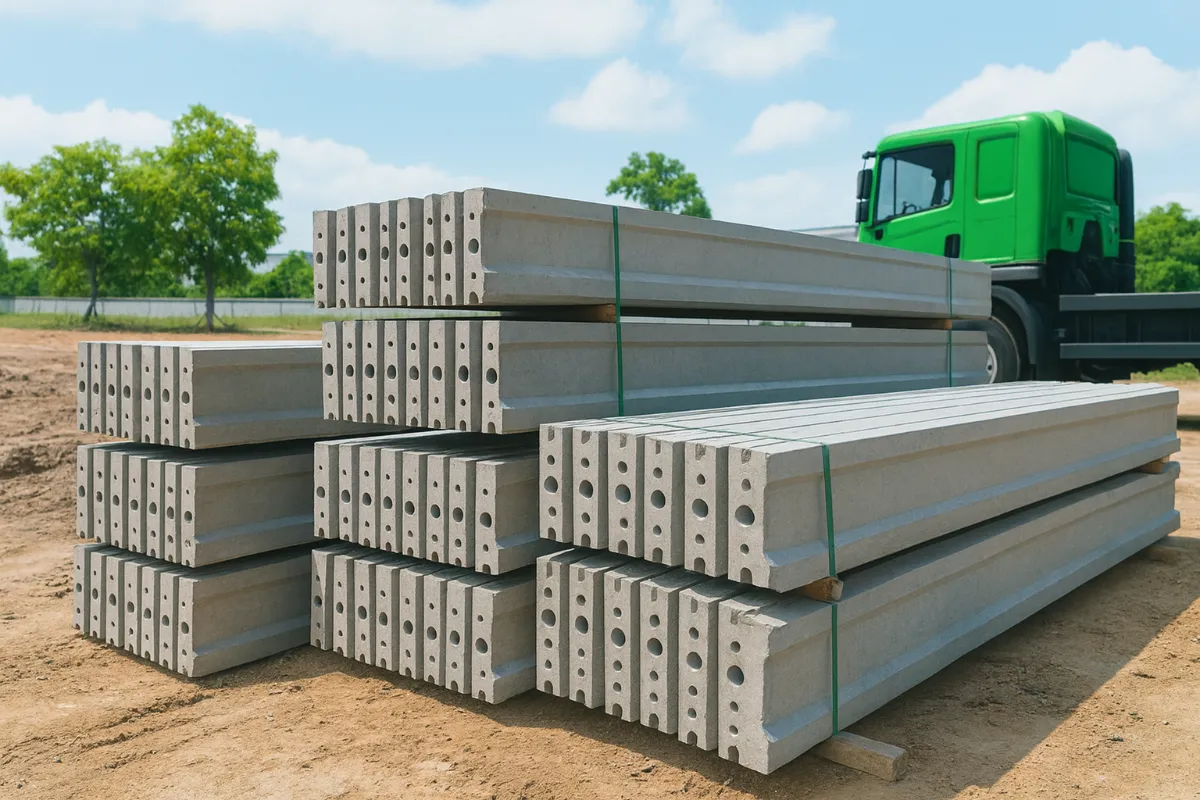 กองแผ่นรั้วคอนกรีตสำเร็จรูปบนไซต์งานก่อสร้าง