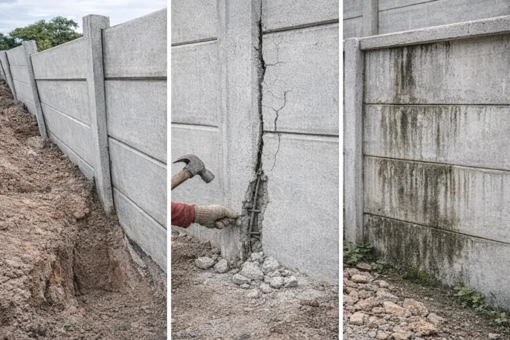 ปัญหาที่พบบ่อยในการติดตั้งรั้วคอนกรีต เช่น รั้วเอียง รอยร้าว คราบน้ำ