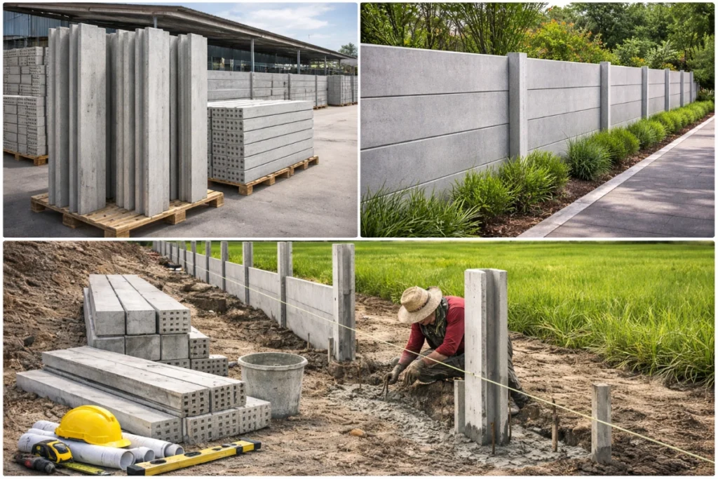 รั้วคอนกรีตสำเร็จรูปในขั้นตอนการติดตั้ง